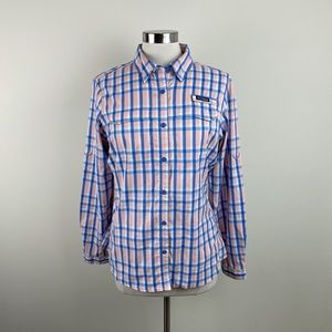 Columbia Sportswear Blue Pink White Plaid Button Down Long Sleeve Top Large